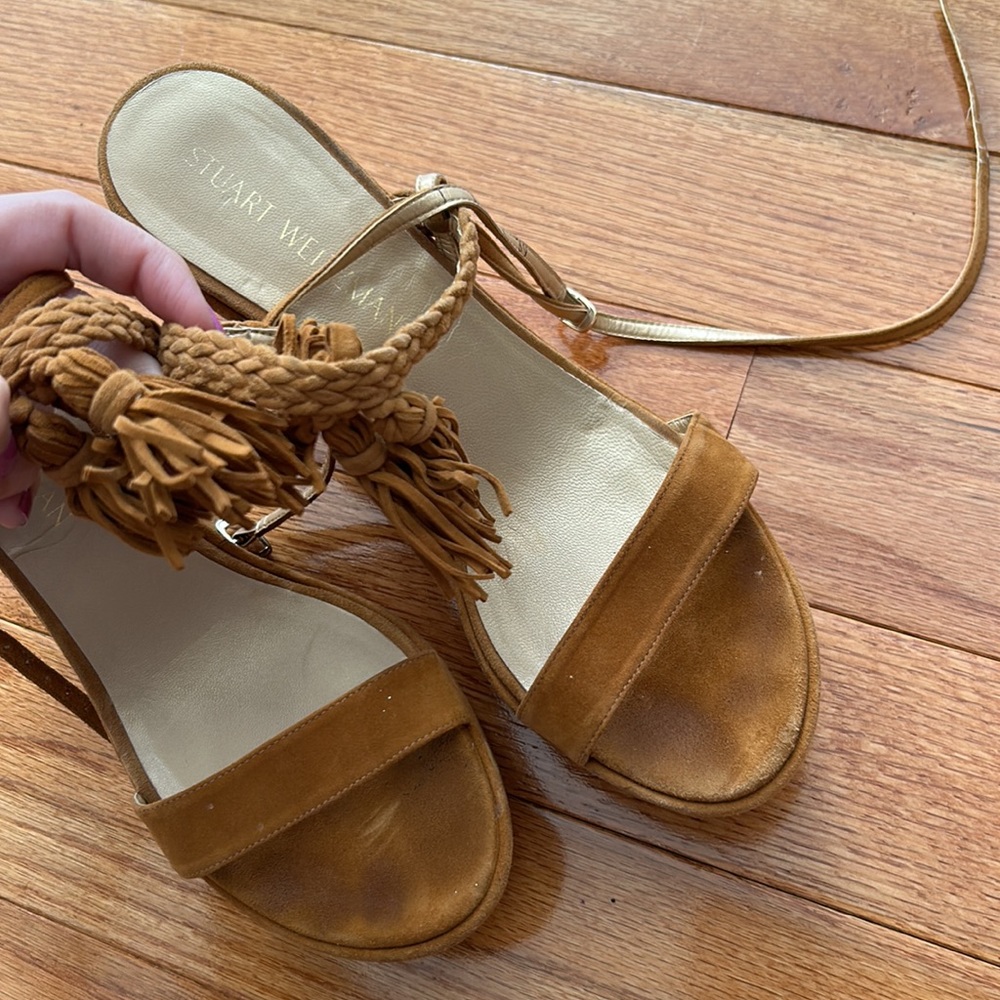 Stuart Weitzman brown suede wedge heels with criss cross braid detail - Picture 3 of 6